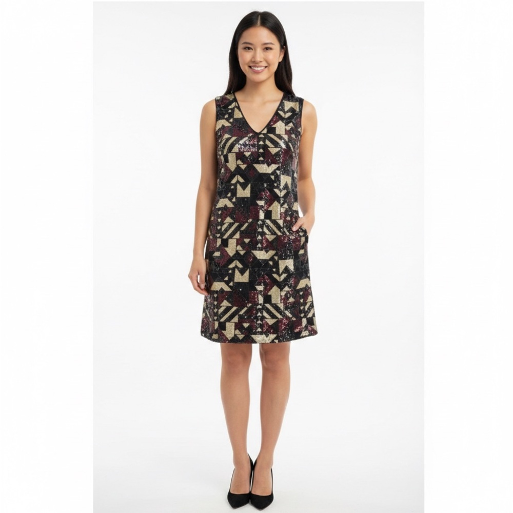 NWT Nicole Miller New York V-Neck Sequin Shift Cocktail Dress Size 8